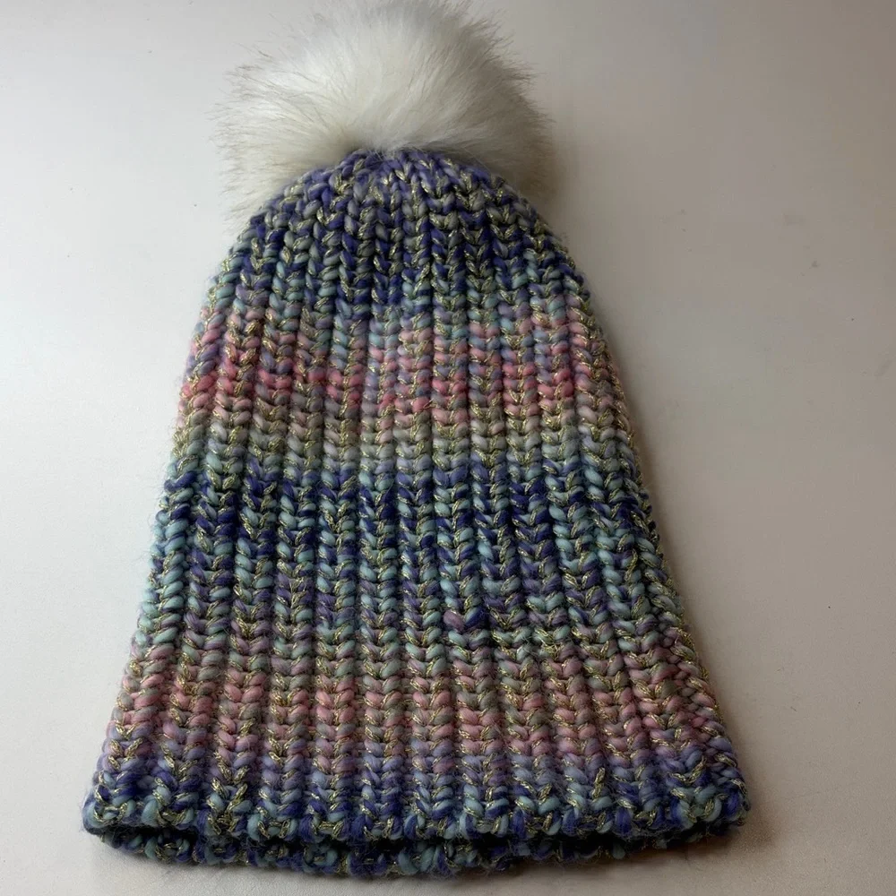 Multicolor Knit Beanie with Pom Pom